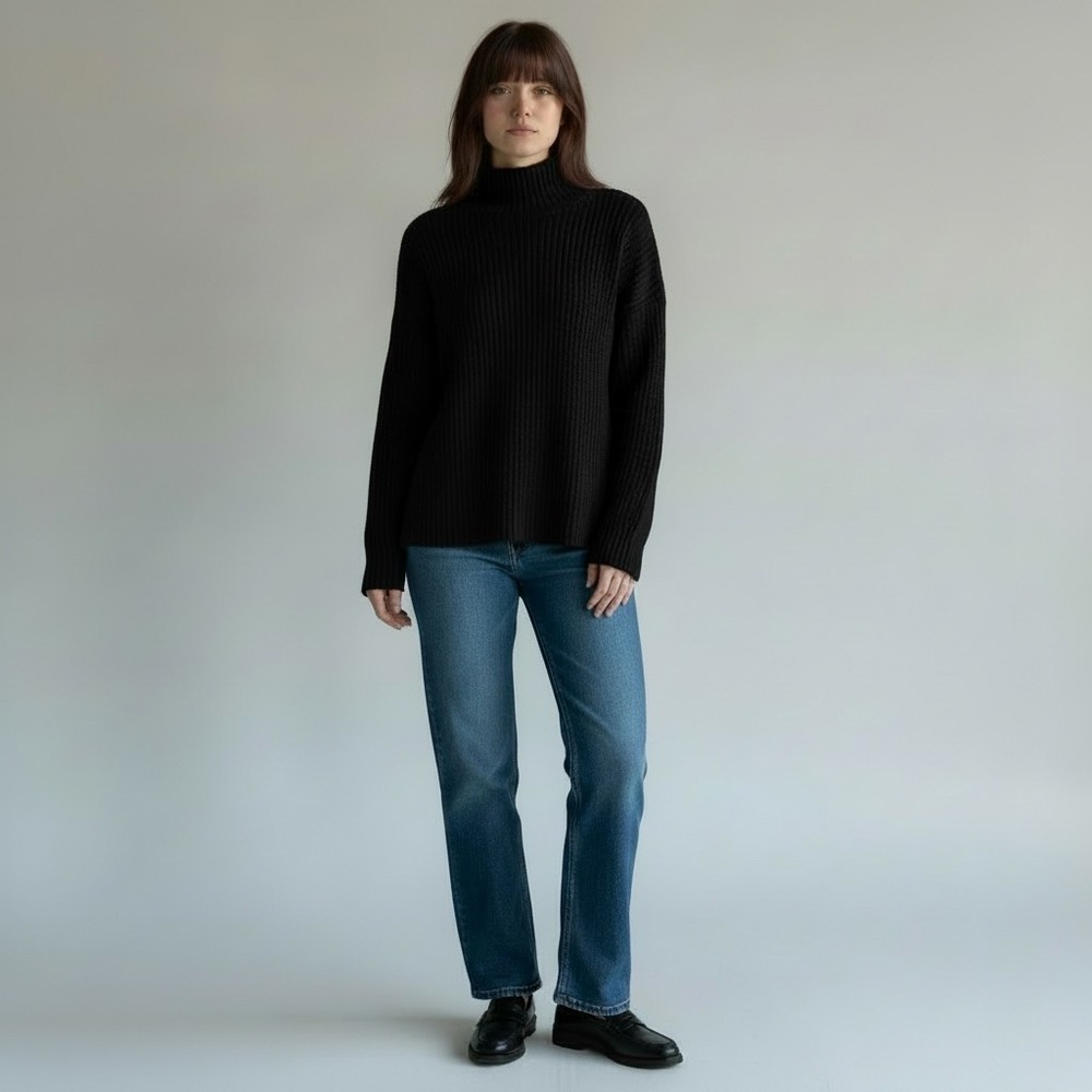 NAADAM | Turtleneck Fisherman Sweater S Black Wool Cashmere Ribbed Knit Oversize